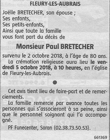 Avis de décès Paul Bretecher